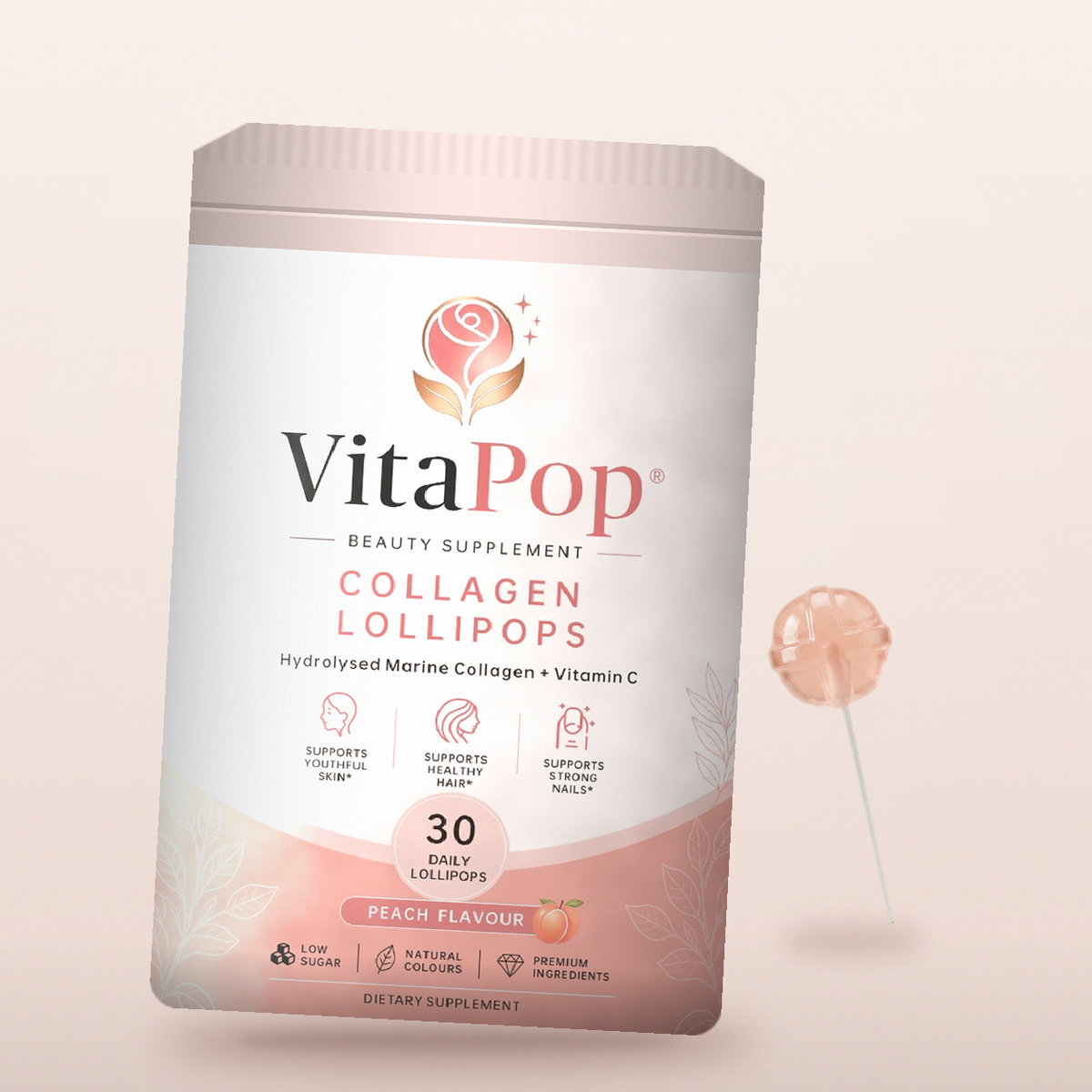 VitaPop Peach Marine Collagen Lollipops, 30 Pack