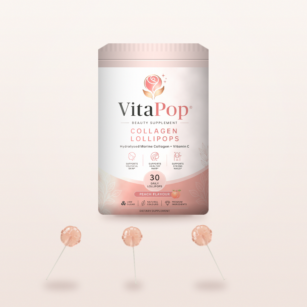VitaPop Peach Marine Collagen Lollipops, 30 Pack