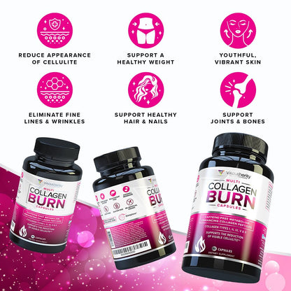 Vitauthority Multi Collagen Burn – 5 Types, Hyaluronic Acid, Vitamin C | Caffeine-Free Capsules