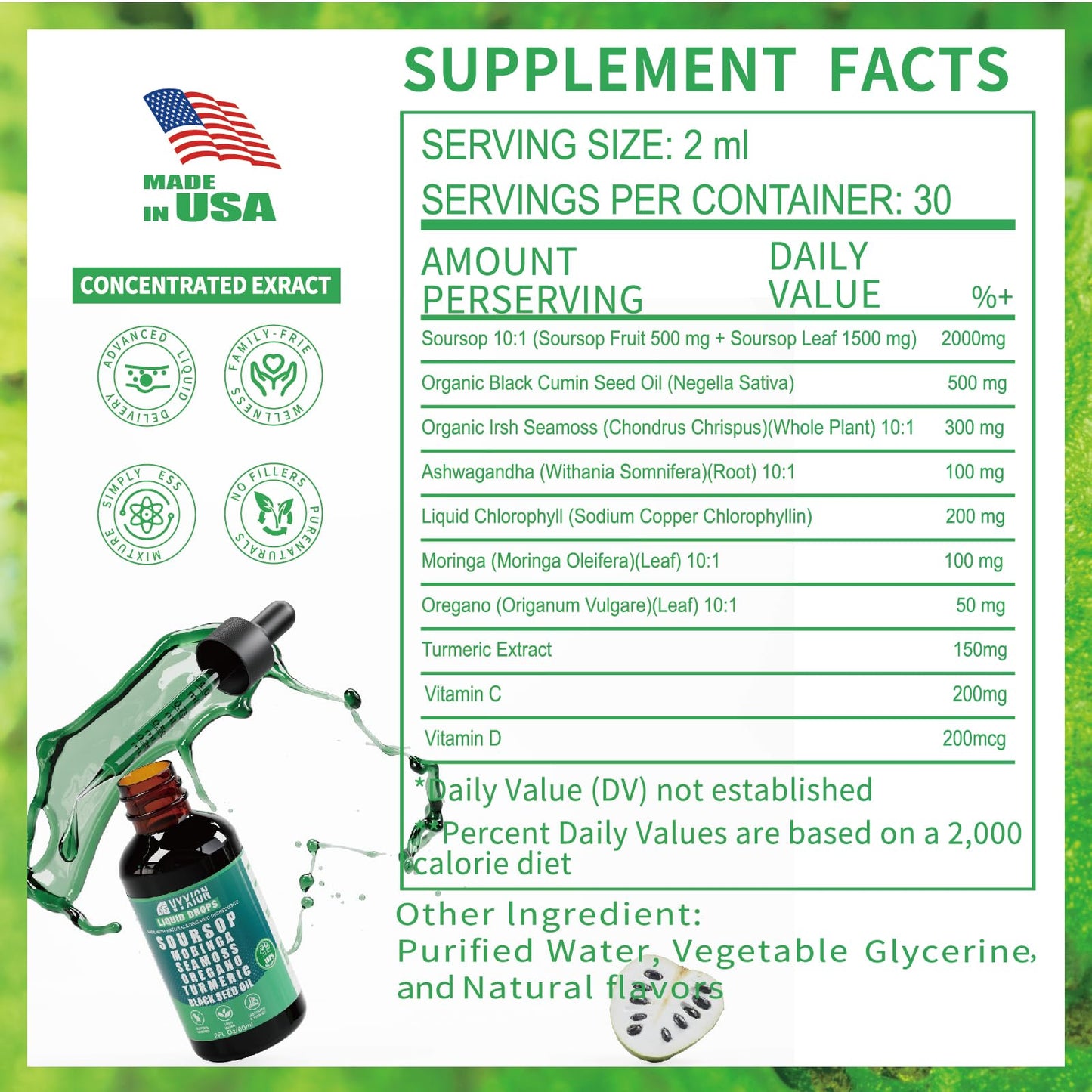 Soursop Bitters Liquid Drops 10-in-1 with Moringa & Ashwagandha 2fl oz