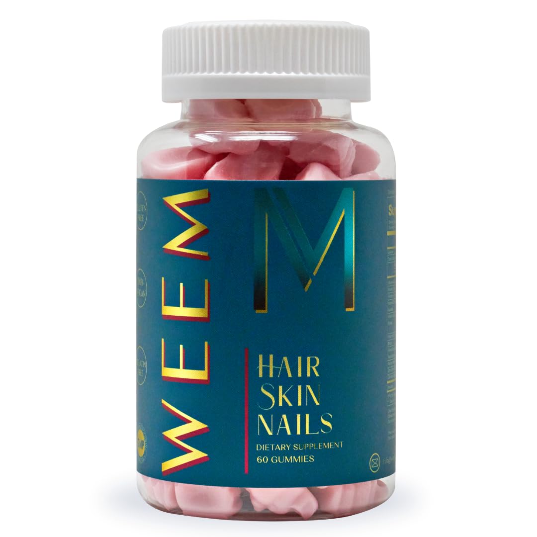 Bottle of WEEM hair, skin, nails supplements with pink gummies on a white background