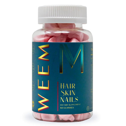 Bottle of WEEM hair, skin, nails supplements with pink gummies on a white background