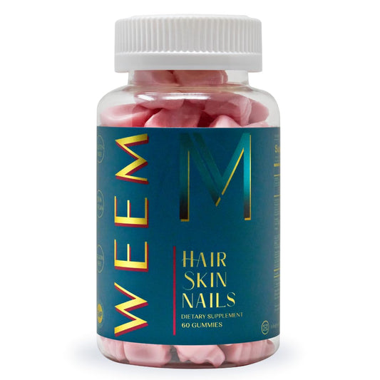 Bottle of WEEM hair, skin, nails supplements with pink gummies on a white background