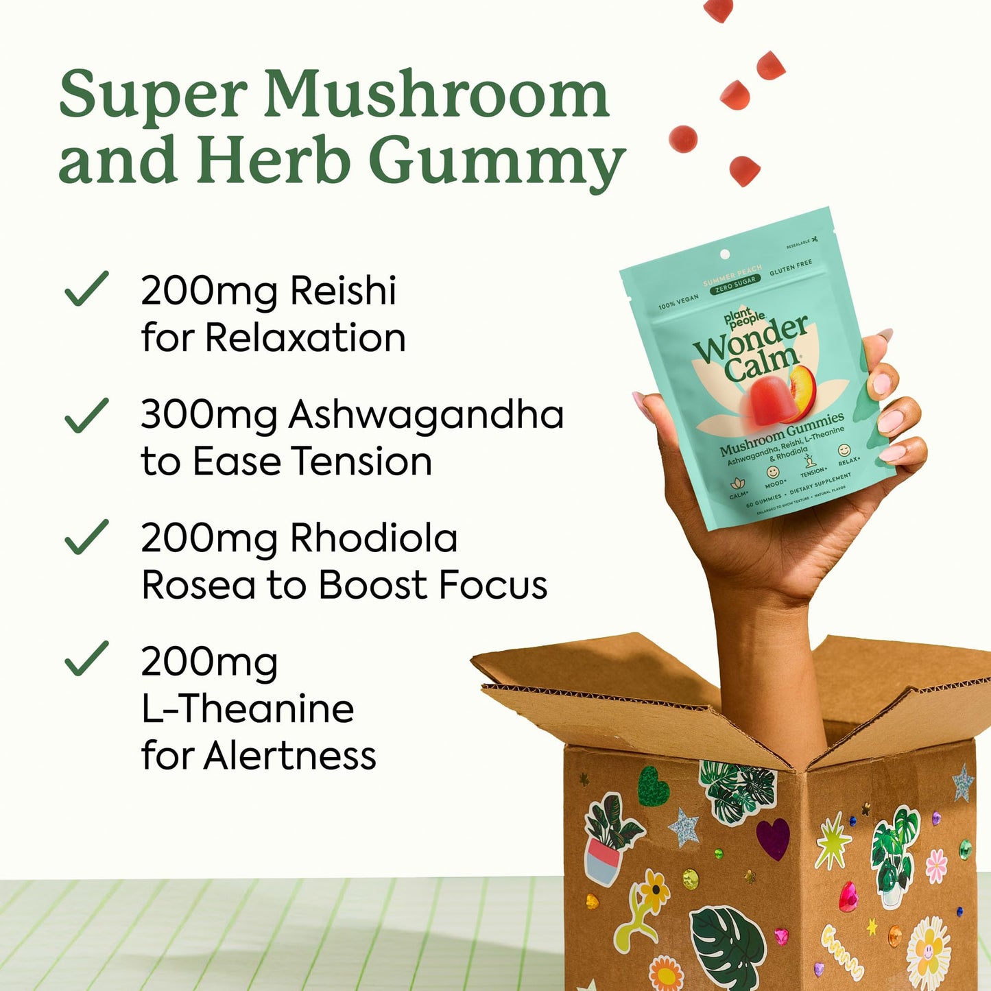 Plant People WonderCalm Mushroom Gummies – Ashwagandha Stress & Mood Support | Peach | Vegan, Gluten-Free | 60 Count