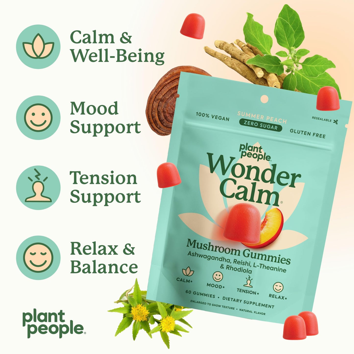 Plant People WonderCalm Mushroom Gummies – Ashwagandha Stress & Mood Support | Peach | Vegan, Gluten-Free | 60 Count