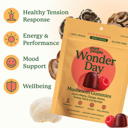 Plant People WonderDay Mushroom Gummies – Lion’s Mane, Cordyceps & Chaga | Immune, Energy & Mood | Vegan | 60 Count