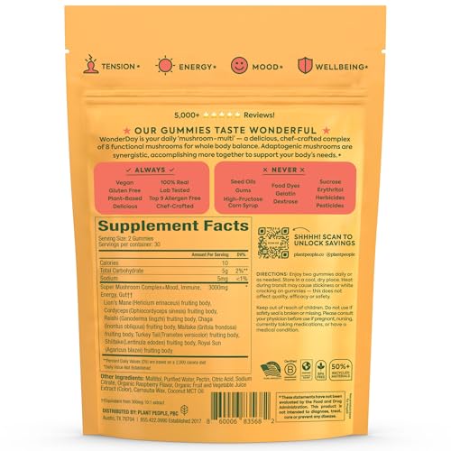 Plant People WonderDay Mushroom Gummies – Lion’s Mane, Cordyceps & Chaga | Immune, Energy & Mood | Vegan | 60 Count