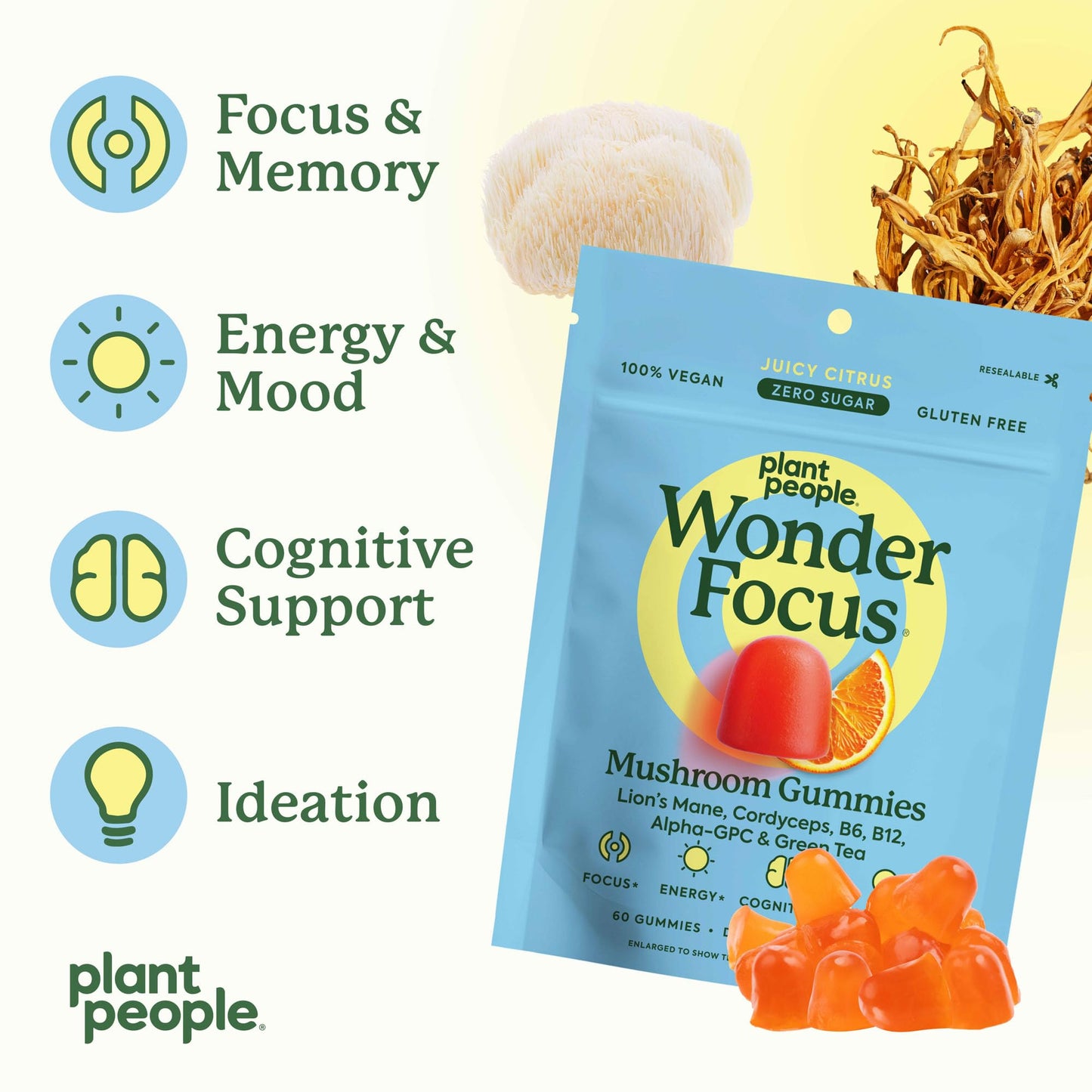 WonderFocus Mushroom Gummies – Lion’s Mane & Cordyceps Nootropic Brain Support | Vegan, Sugar-Free | Citrus | 60 Count