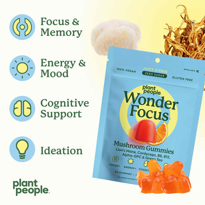WonderFocus Mushroom Gummies – Lion’s Mane & Cordyceps Nootropic Brain Support | Vegan, Sugar-Free | Citrus | 60 Count
