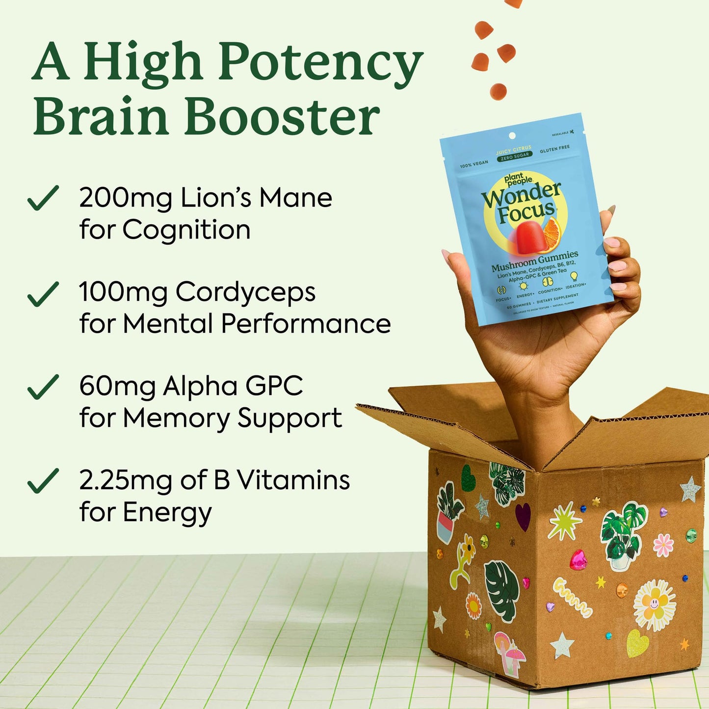 WonderFocus Mushroom Gummies – Lion’s Mane & Cordyceps Nootropic Brain Support | Vegan, Sugar-Free | Citrus | 60 Count