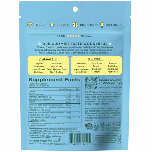 WonderFocus Mushroom Gummies – Lion’s Mane & Cordyceps Nootropic Brain Support | Vegan, Sugar-Free | Citrus | 60 Count