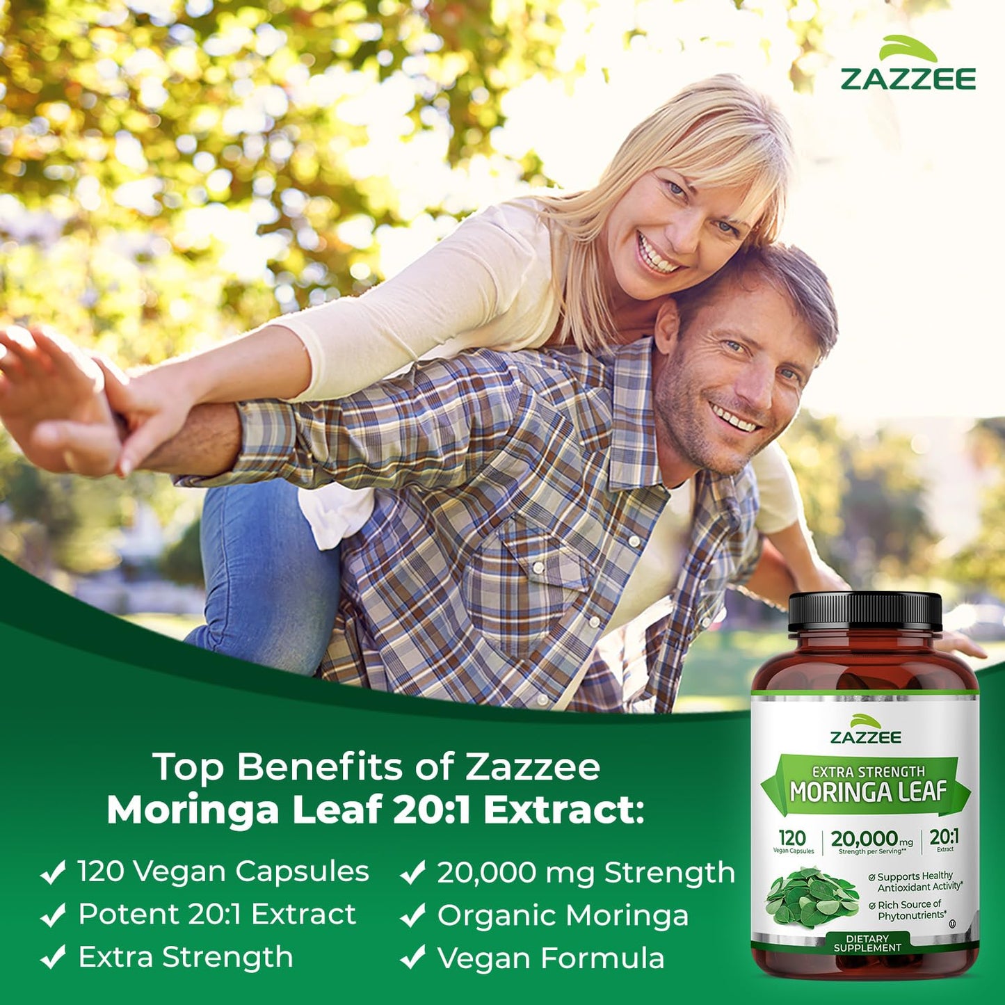 Zazzee Organic Moringa 20:1 Extract 20,000mg | 120 Vegan Capsules