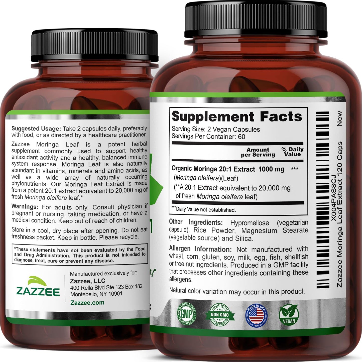 Zazzee Organic Moringa 20:1 Extract 20,000mg | 120 Vegan Capsules