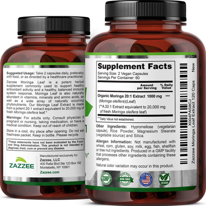 Zazzee Organic Moringa 20:1 Extract 20,000mg | 120 Vegan Capsules