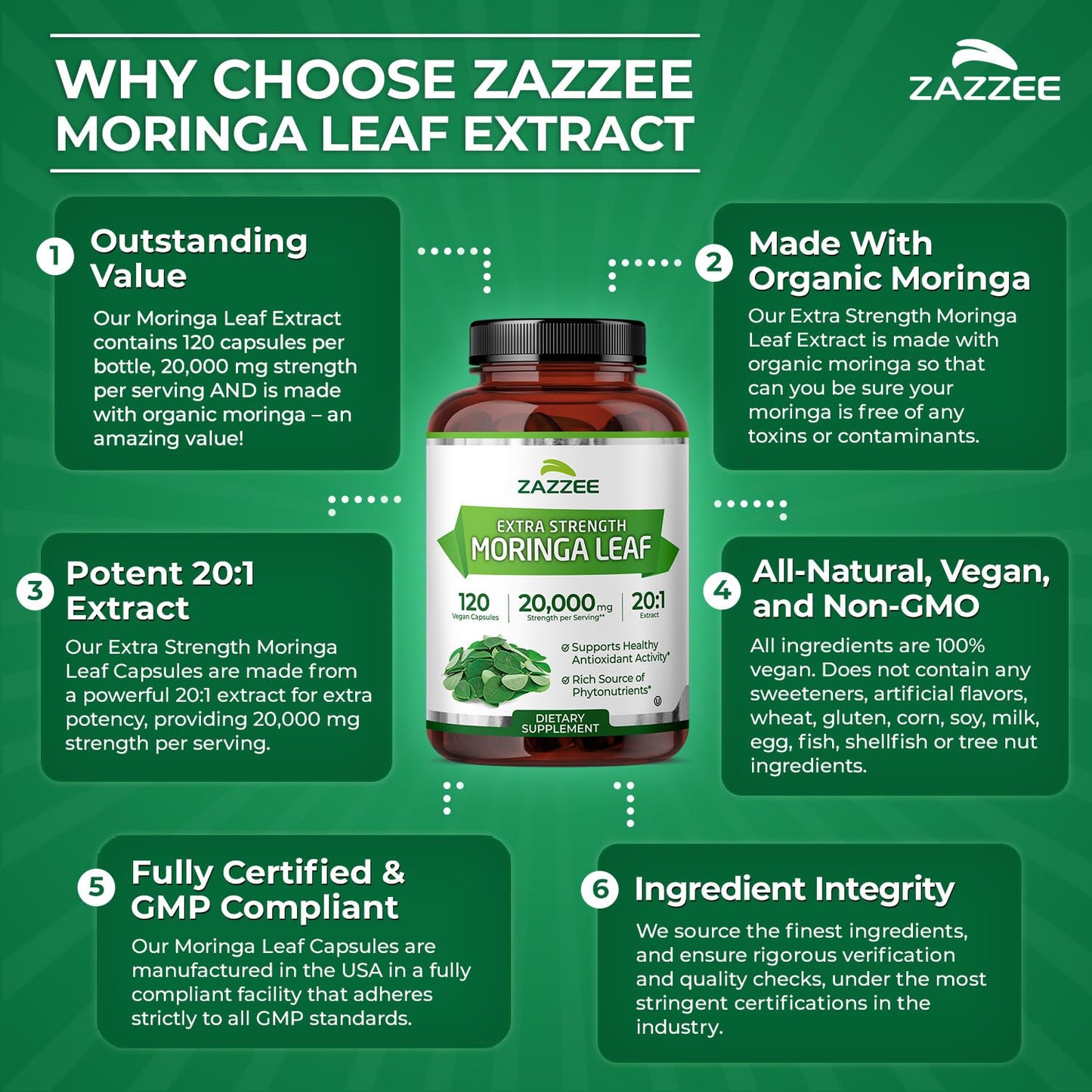 Zazzee Organic Moringa 20:1 Extract 20,000mg | 120 Vegan Capsules
