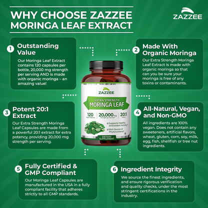 Zazzee Organic Moringa 20:1 Extract 20,000mg | 120 Vegan Capsules