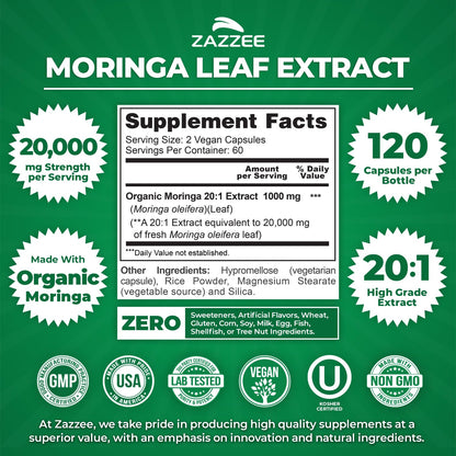 Zazzee Organic Moringa 20:1 Extract 20,000mg | 120 Vegan Capsules