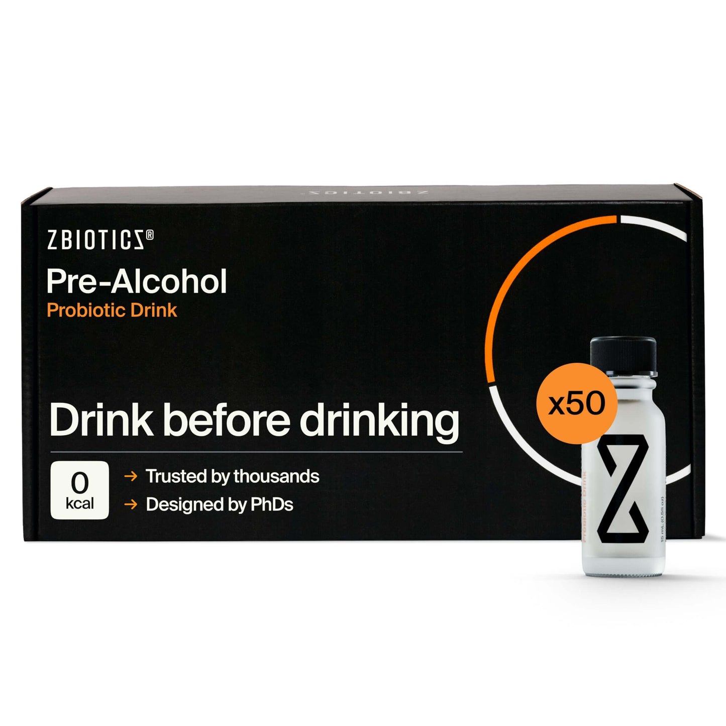 ZBiotics Pre-Alcohol Probiotic Drink packaging with a bottle on a white background