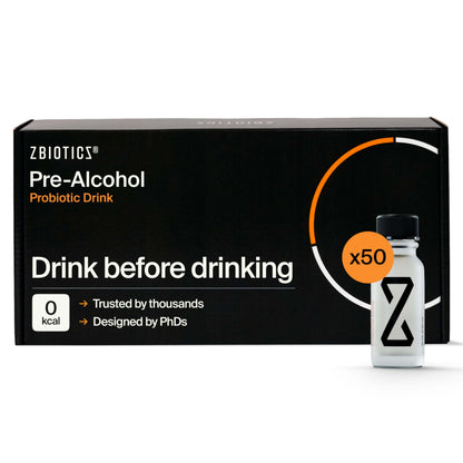 ZBiotics Pre-Alcohol Probiotic Drink packaging with a bottle on a white background