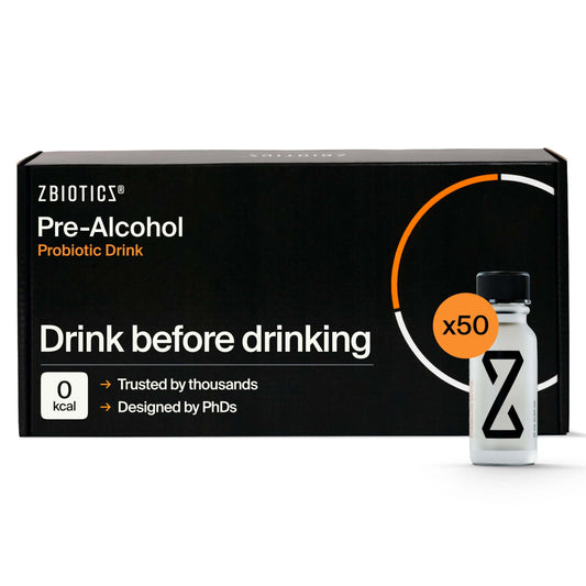 ZBiotics Pre-Alcohol Probiotic Drink packaging with a bottle on a white background