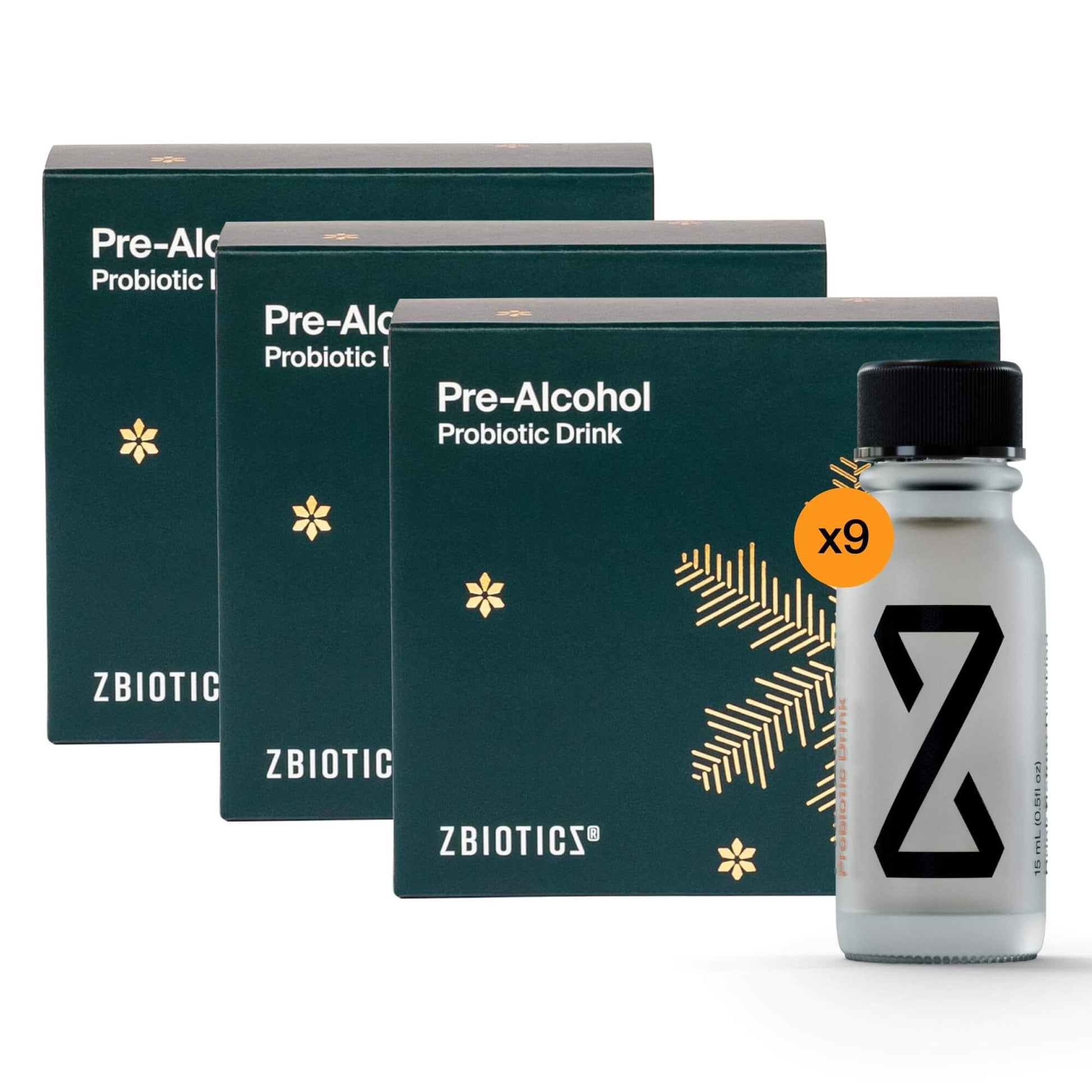 ZBIOTICS Pre-Alcohol Probiotic Drink packaging with a bottle on a white background