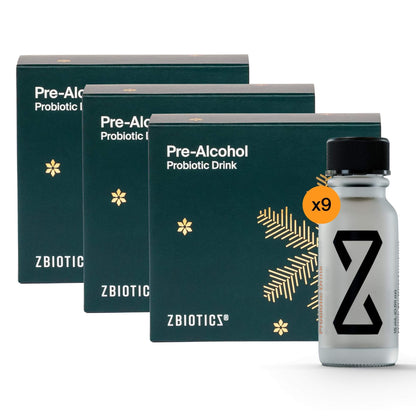 ZBIOTICS Pre-Alcohol Probiotic Drink packaging with a bottle on a white background