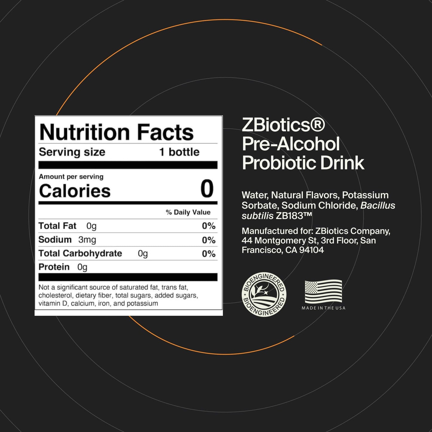 Nutrition facts label for ZBiotics Pre-Alcohol Probiotic Drink on a black background