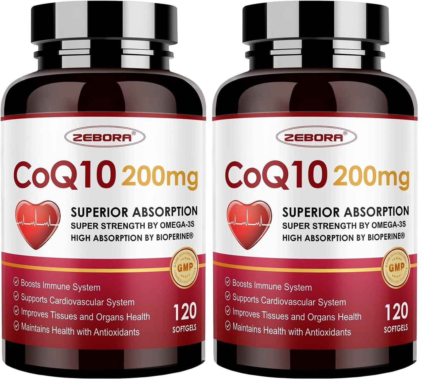 Zebora CoQ10 200mg with PQQ, BioPerine & Omega-3 – 2 Pack