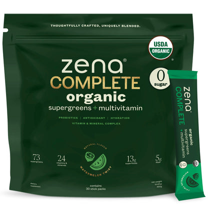Zena Nutrition Complete Organic Super Greens & Multivitamin – Watermelon Citrus | 30 Packets