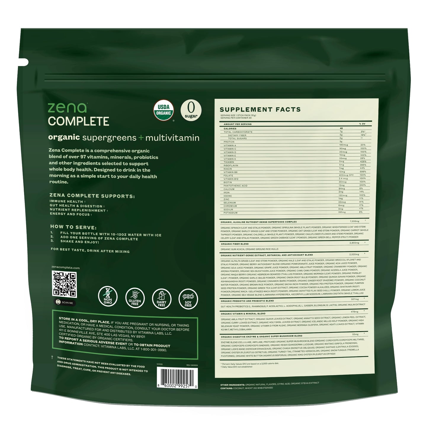 Zena Nutrition Complete Organic Super Greens & Multivitamin – Watermelon Citrus | 30 Packets